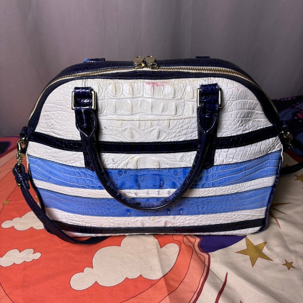 Brahmin Vineyard Croc Embossed Leather Satchel White Nautical Bag luxury Purse - Picture 9 of 16